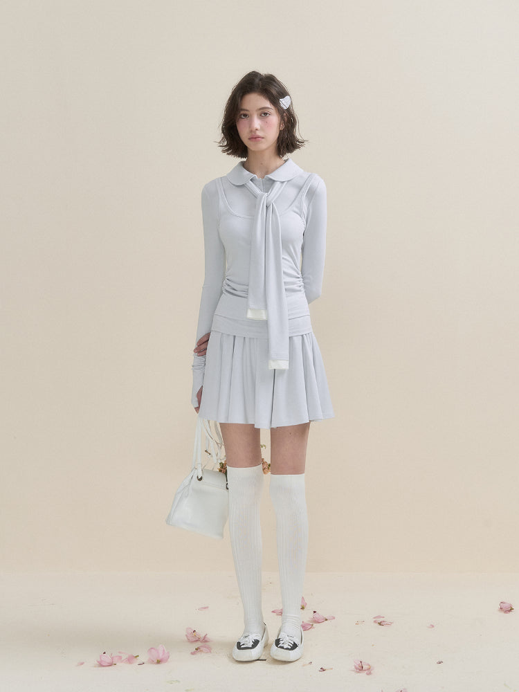 White & Blue Collared Knit Top & Skirt Set