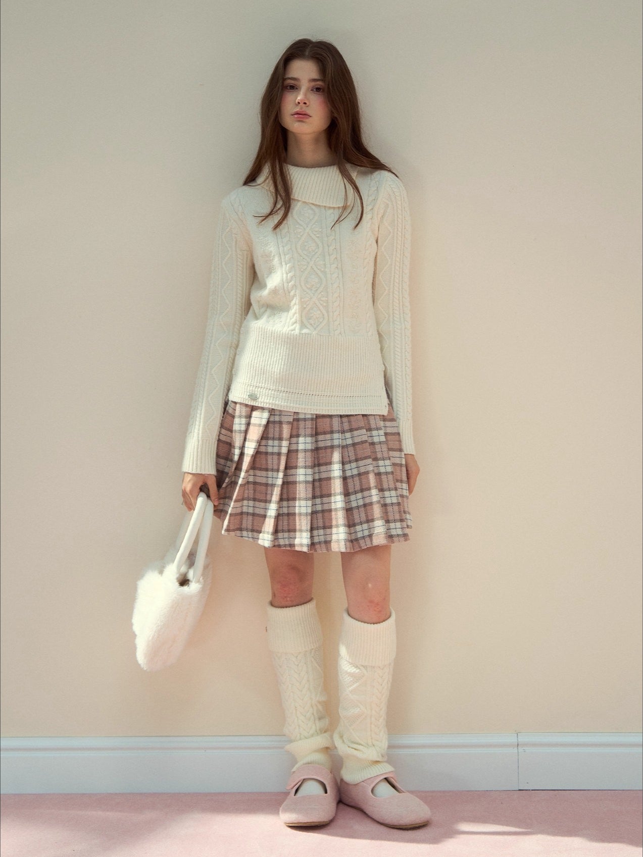 Pink Plaid 60% Wool Pleated Skirt