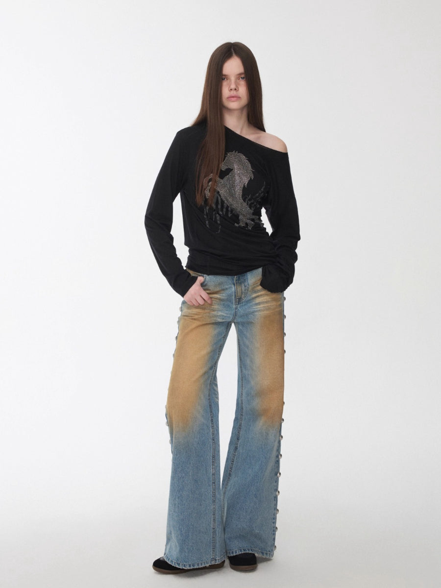 Rhinestone Embellished Asymmetric Drape T-shirt
