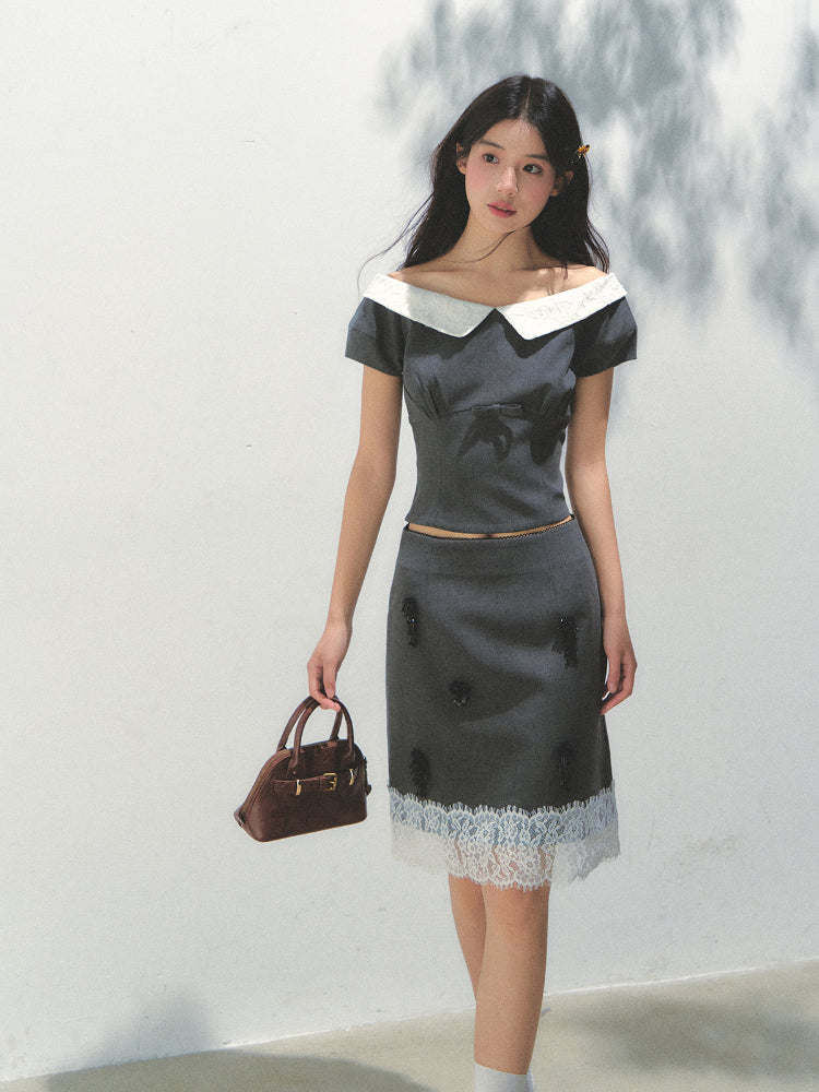 Dark Gray Princess Sleeve Top & skirt set