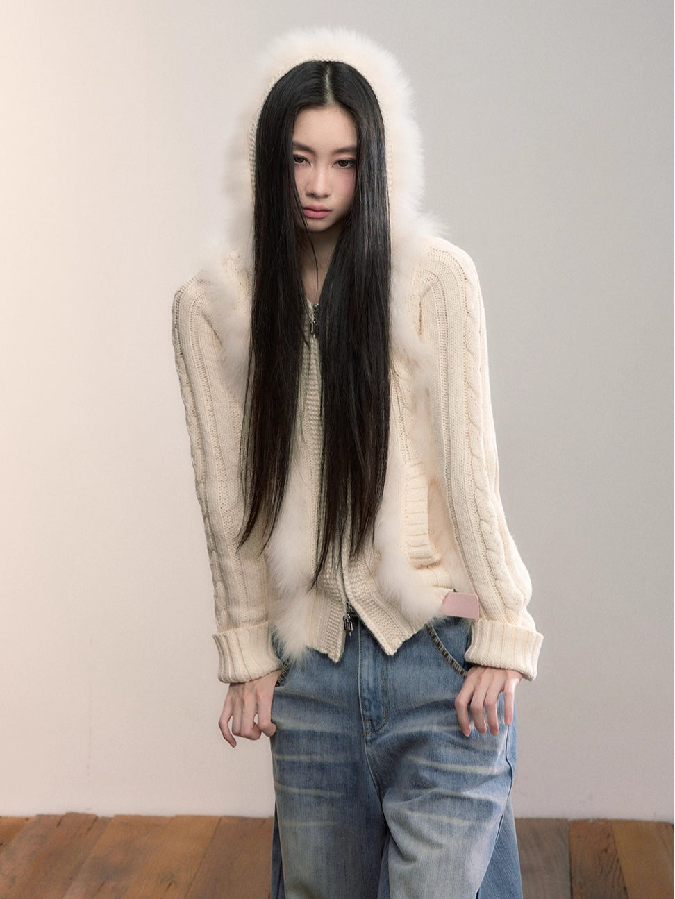 Fox Trim Hooded Knit Cardigan