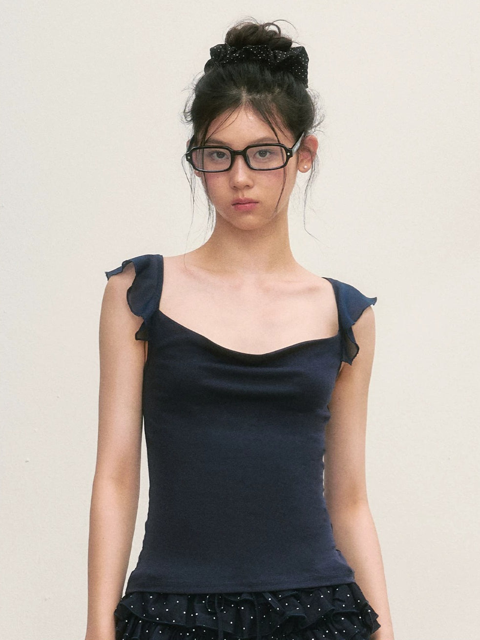 Navy Draped Flutter Sleeve Top