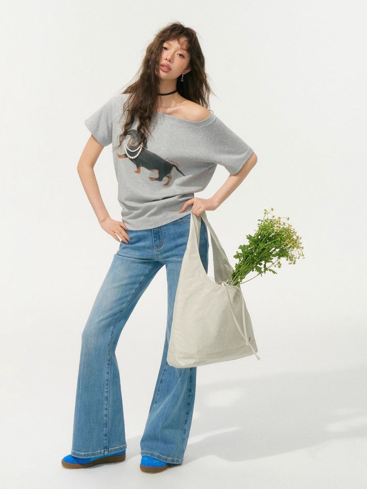 Off-Shoulder Pearl Embroidered Asymmetrical T-shirt