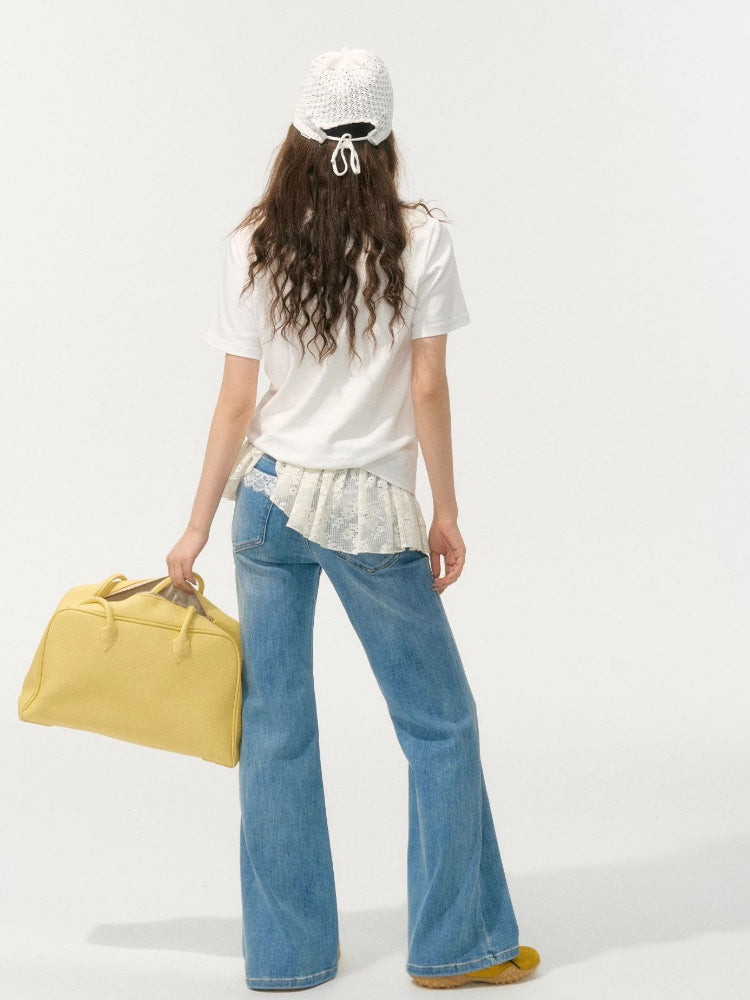Light Blue Lace-Edge Patchwork Washed Denim Pants