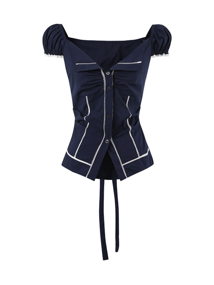 Lapel Waist-Cinching Lace Elastic Shirt