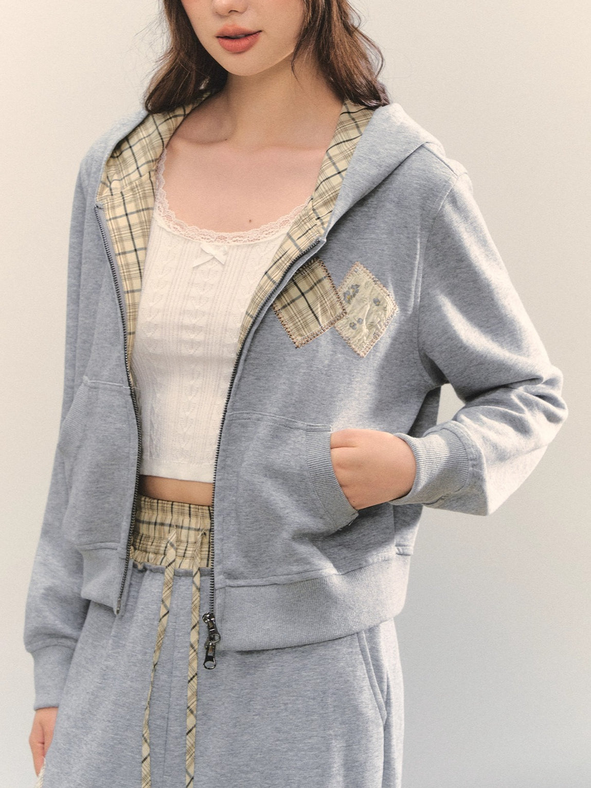 Gray Embroidered Zipper Hoodie& Checkered Pants Set