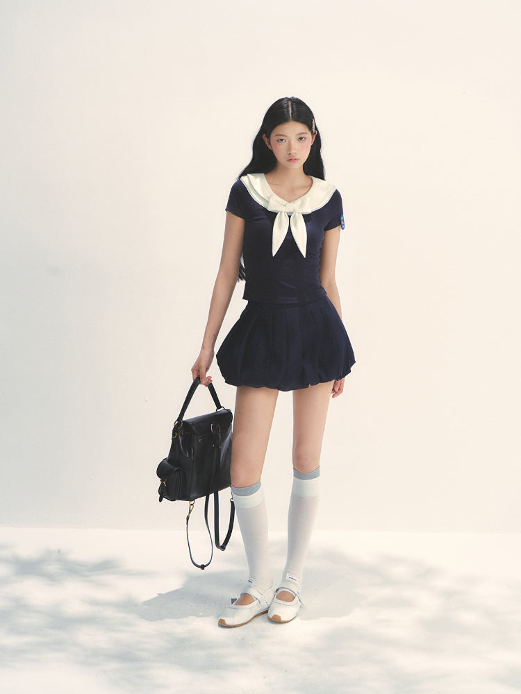 Bow-neck Contrast-color Skin Friendly Cotton T-shirt