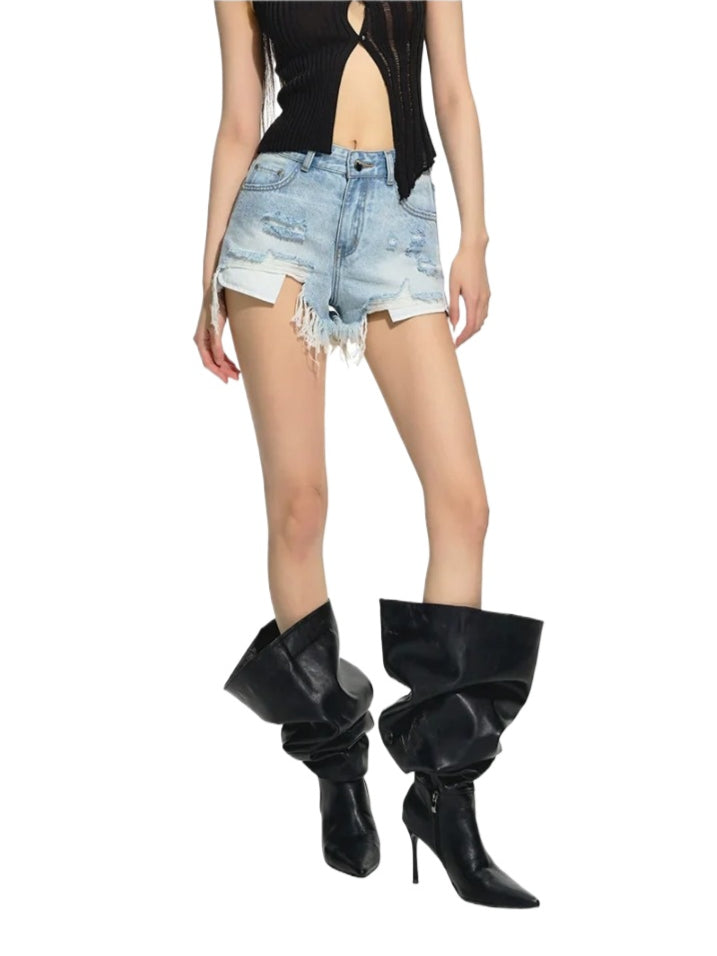 Blue Irregular Distressed Denim Shorts
