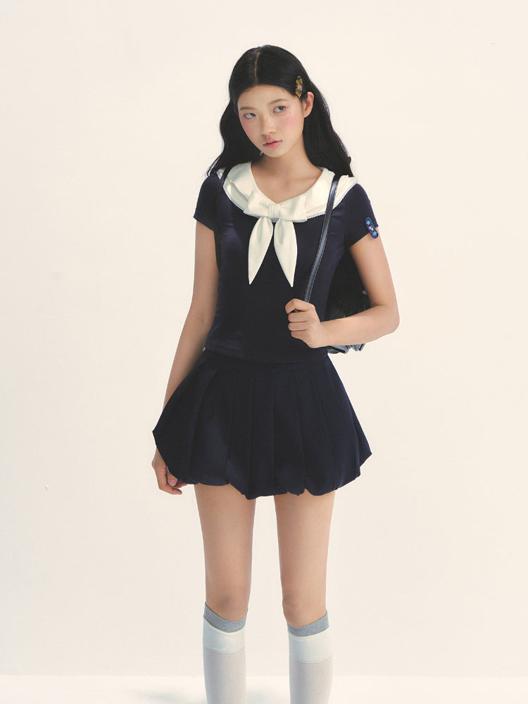 Bow-neck Contrast-color Skin Friendly Cotton T-shirt