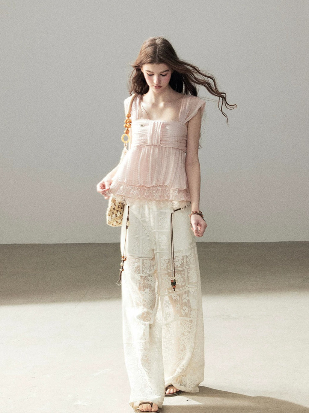 White Lace Hollow Wide Leg Pants