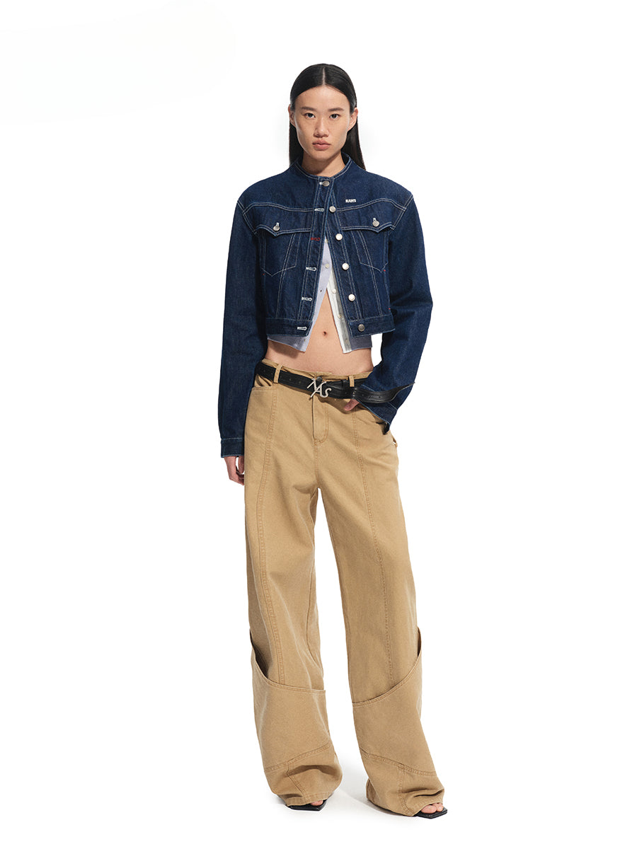 Denim Stand-Collar Regular-Shoulder Short Jacket