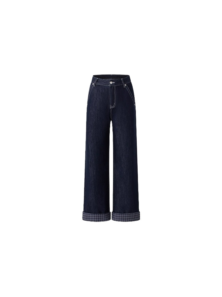 Navy Blue Plaid Patchwork Denim Wide-Leg Pants