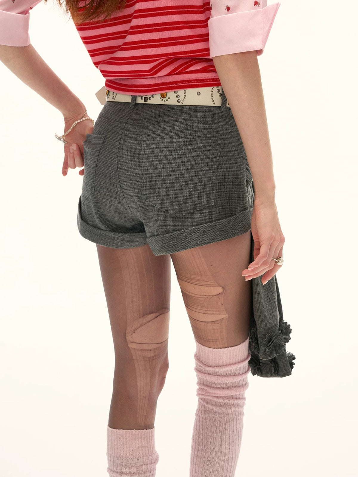 Asymmetric Tie Gray Mini Shorts