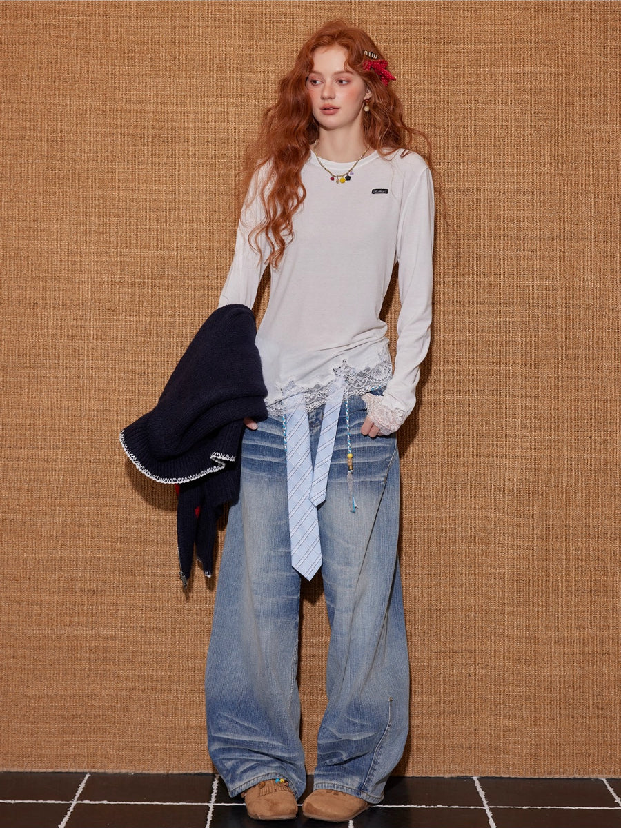 Lace Panel Long-Sleeve Top