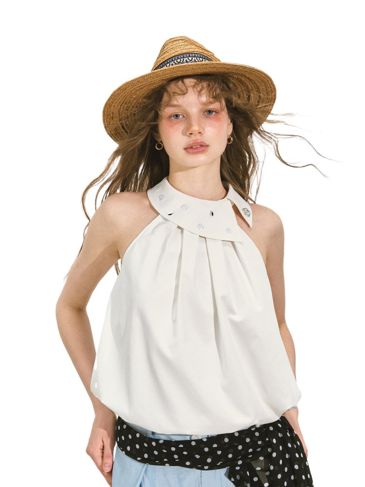 Halter Neck Off-Shoulder Crinkled Sleeveless Top