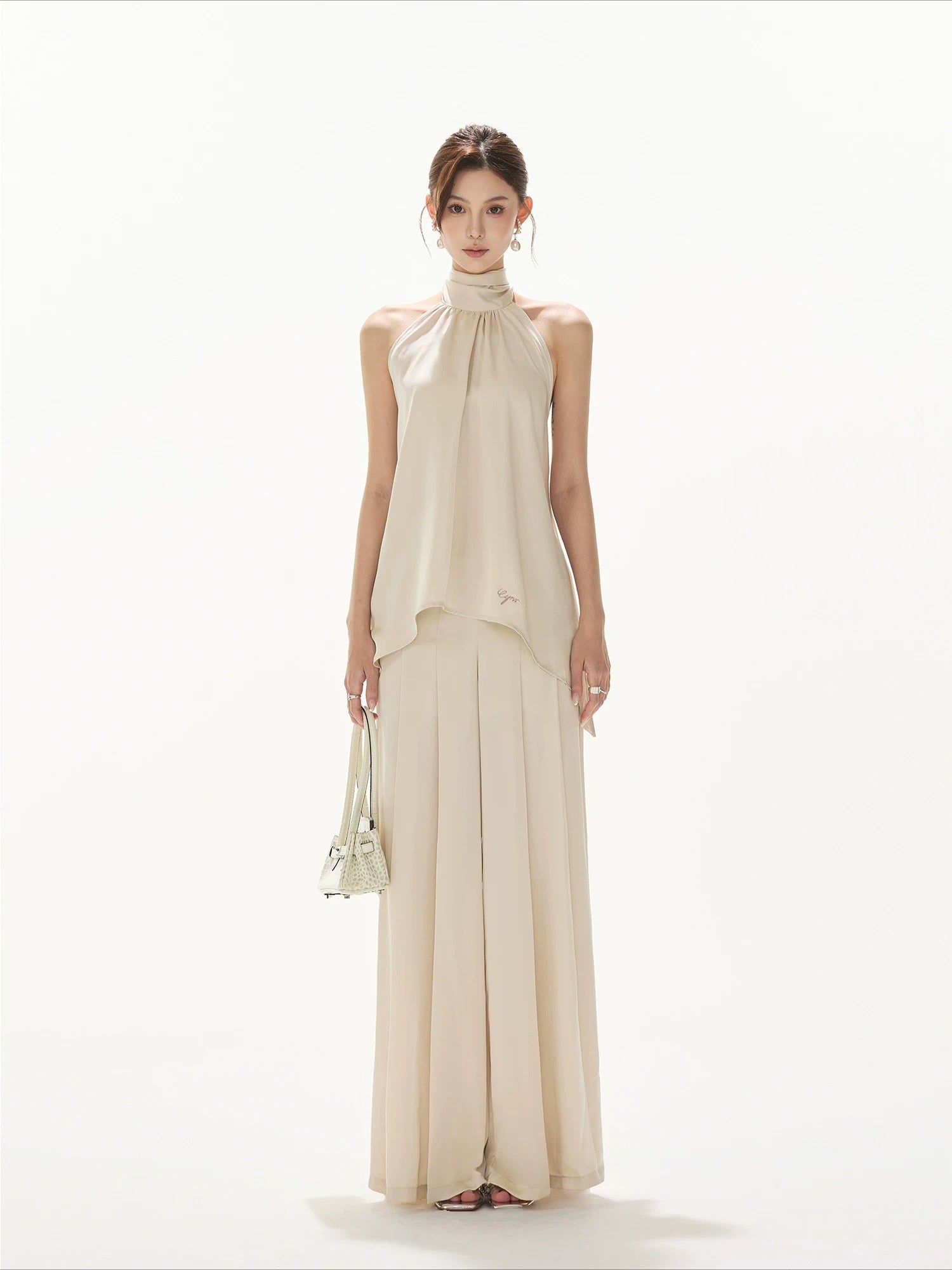 Light Champagne Satin Pleated Pants