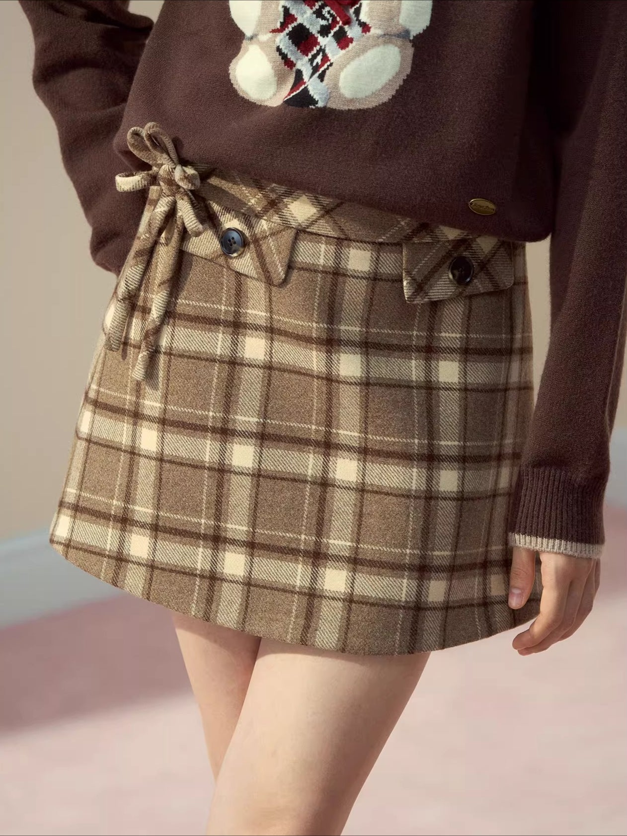 Pink & Brown Plaid A-line Wool Skirt