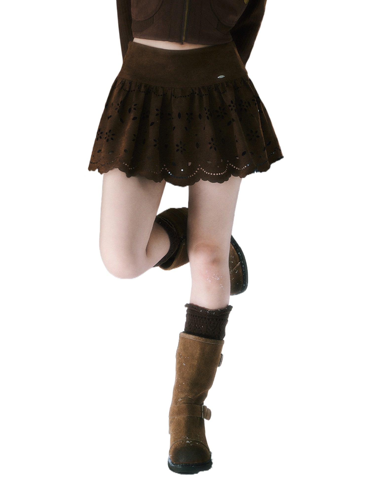 Brown Hollow Jacquard Mini Skirt