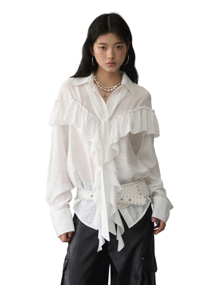 White Ruffled Drawstring Long-Sleeve Shirt