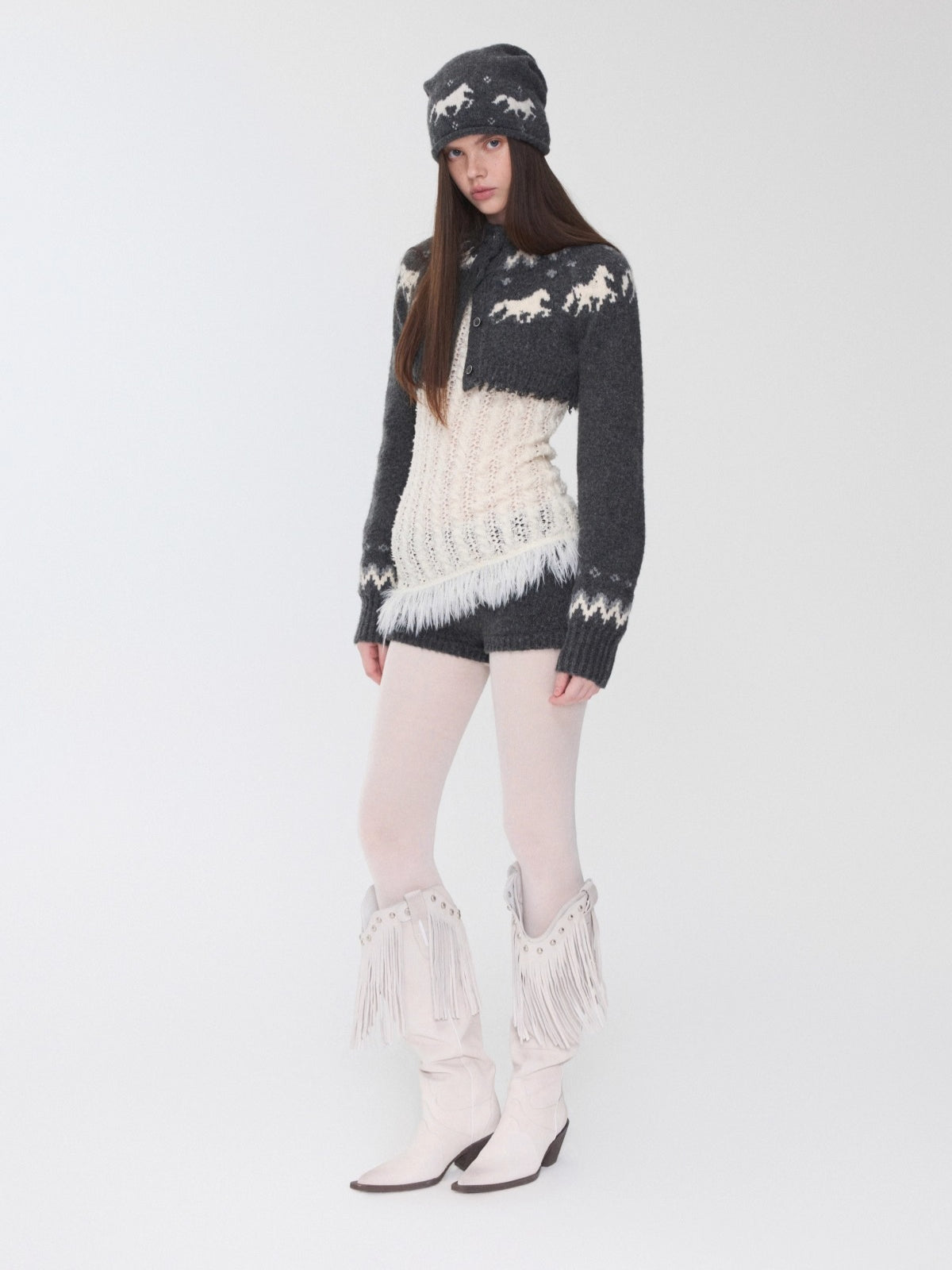 Fair Isle Pony Jacquard Knit Short Cardigan & Shorts Set
