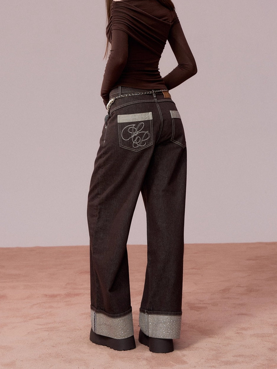 Rhinestone Cuffed Wide-Leg Denim Jeans