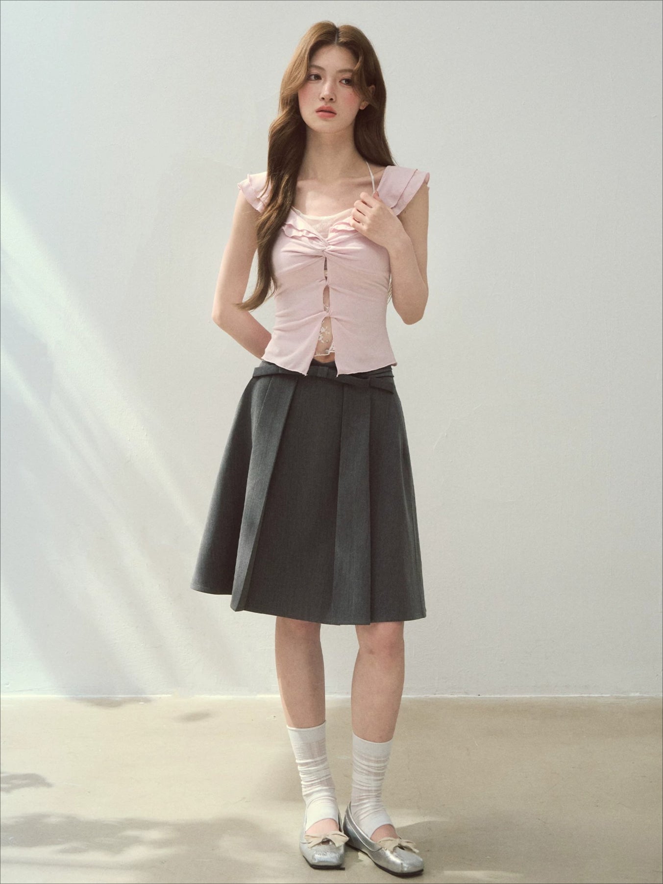 Pink & Gray Ruffle Trim Blouse
