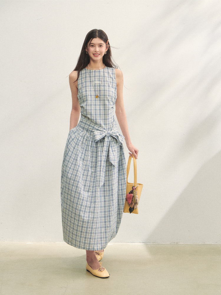 Belted Waist Checked Vest Dress