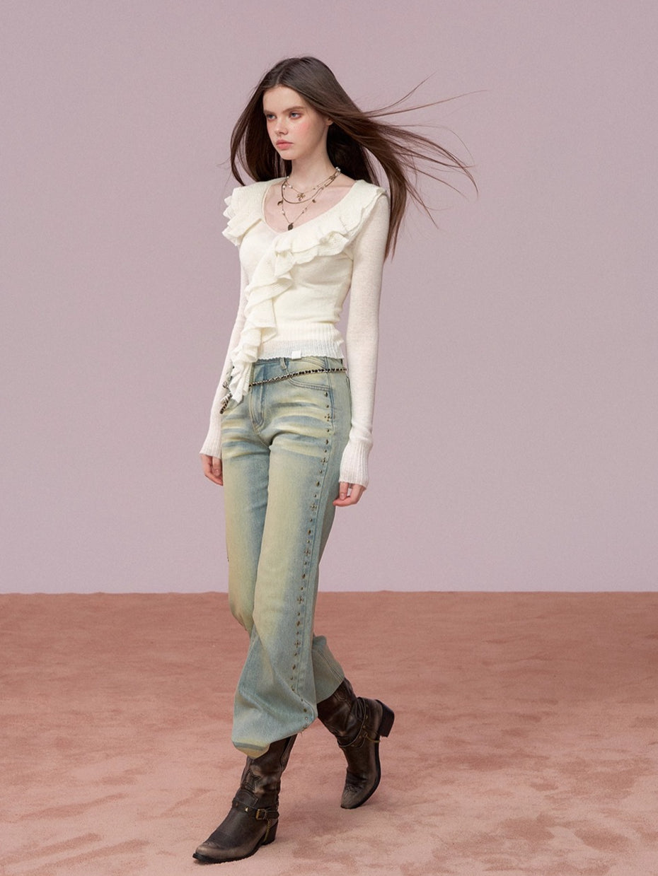 Studded Wash Straight-Leg Jeans