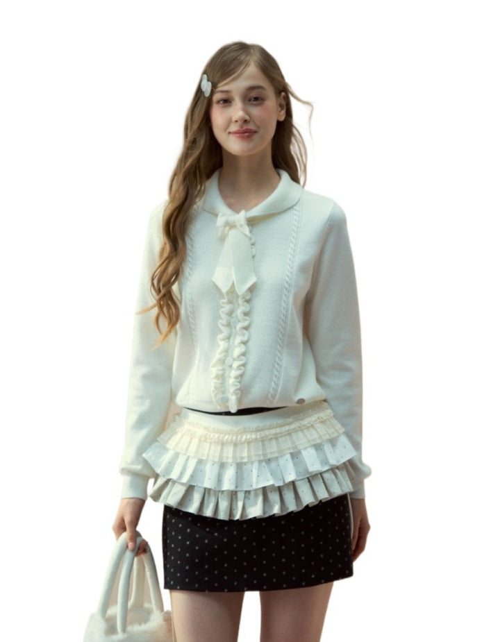 Ruffle-Tie Knit Peter-Pan Collar Sweater