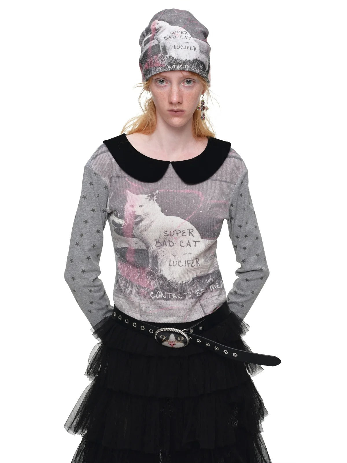 Cat Print Waffle Collar Top
