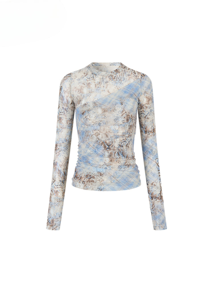 Printed Mesh Contrast-colored Long-sleeve T-shirt