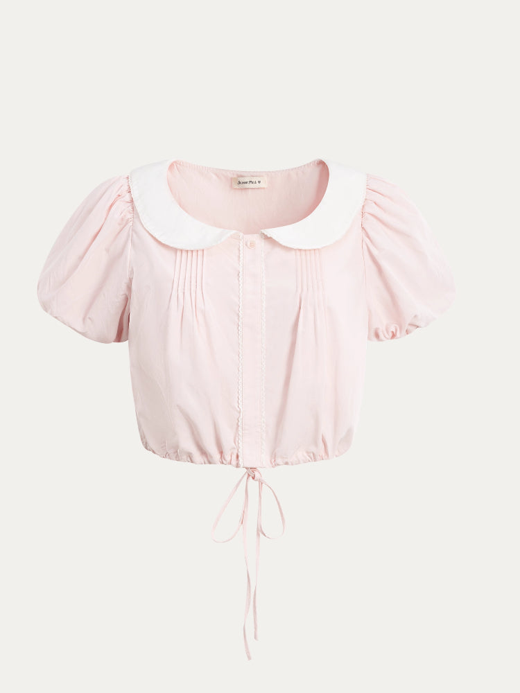 Pink Doll‑Collar Drawstring‑Hem Blouse & Flared Midi Skirt