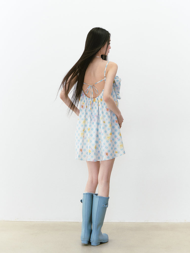 Plaid Floral Bow Print Spaghetti Strap Dress