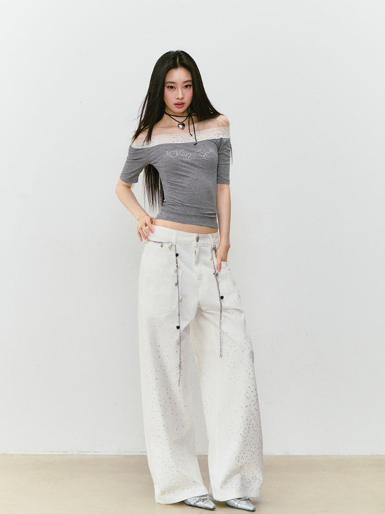 3D Rhinestone Wide - leg Denim Pants