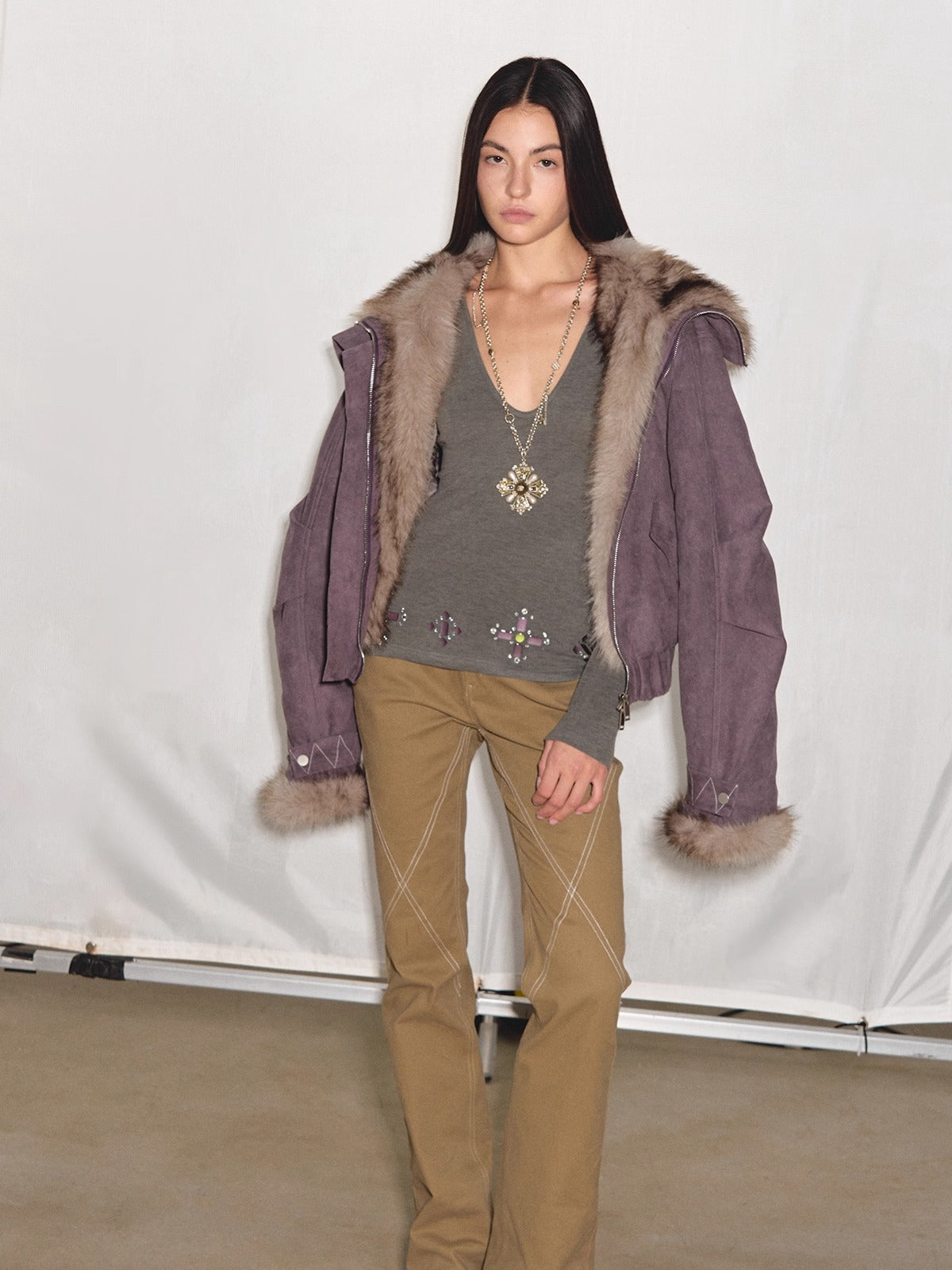 Faux-Suede Fur-Collar Quilted Parka