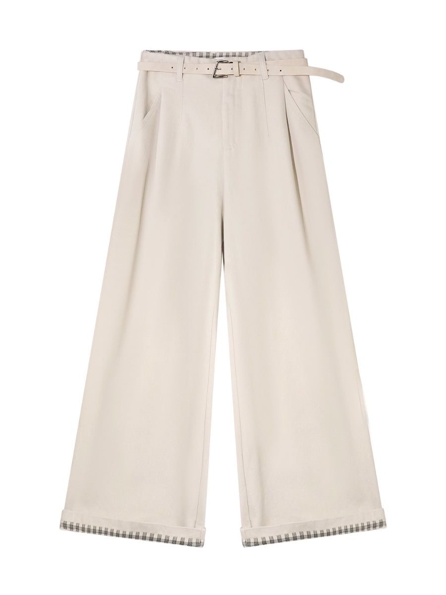 Plaid Cuff Wide-Leg Pants