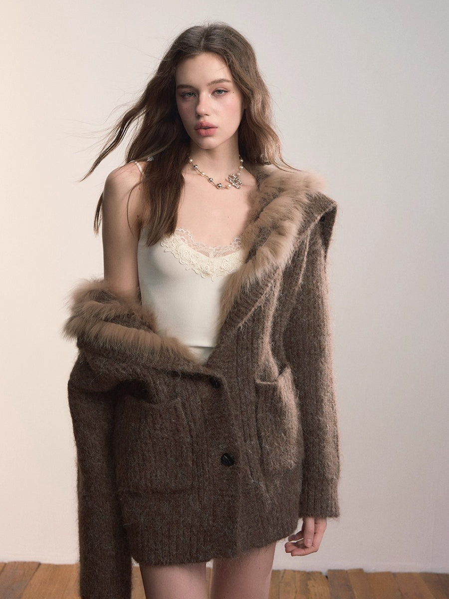 Fox Fur Large Notch Collar Cardigan