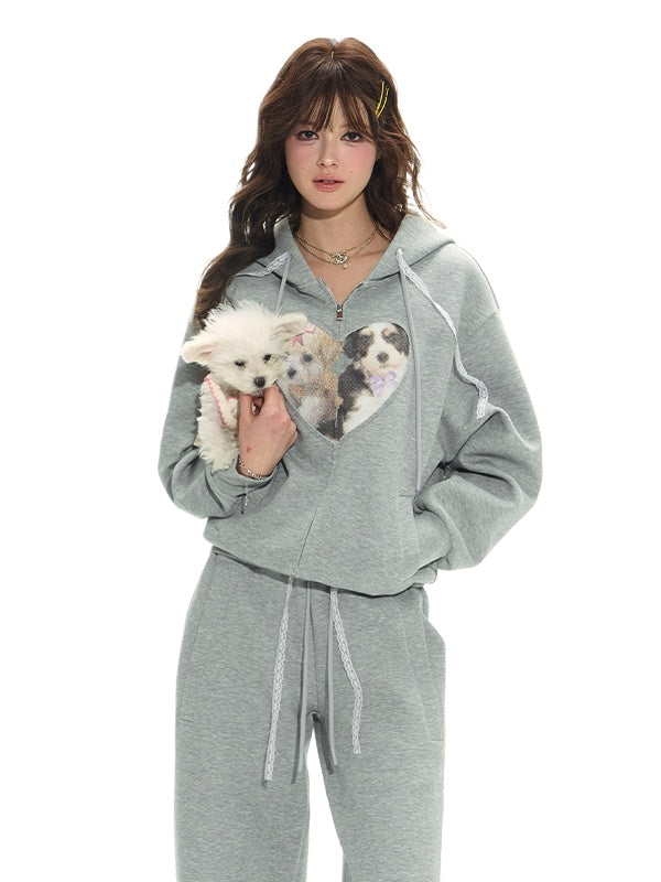 Gray Spliced Dog-Print Hoodie & Sweatpants Set