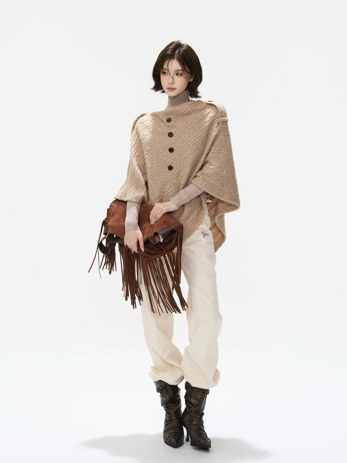 Detachable Fur Collar Cable Knit Cape