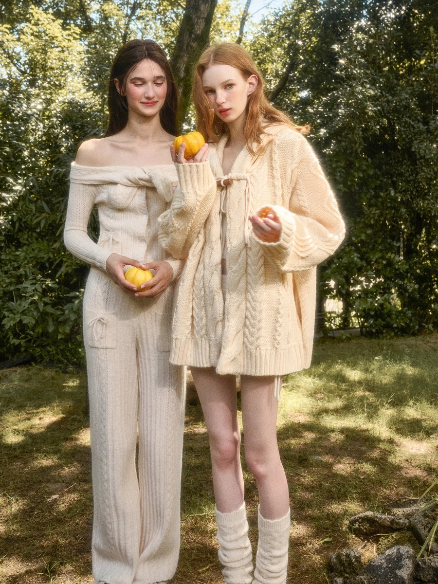 Velvet Bunny Wool Cloud Off-Shoulder Knit Cardigan & Pants Set