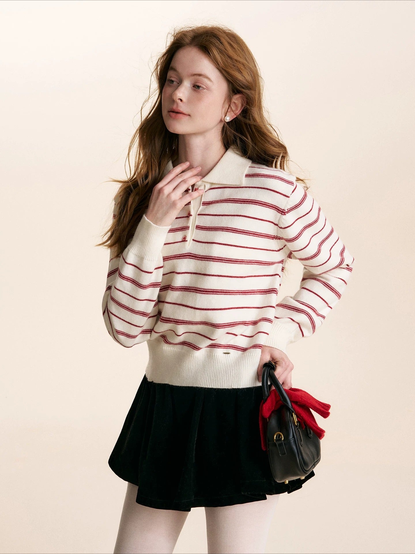 Striped Knit Polo Neck Pullover Sweater