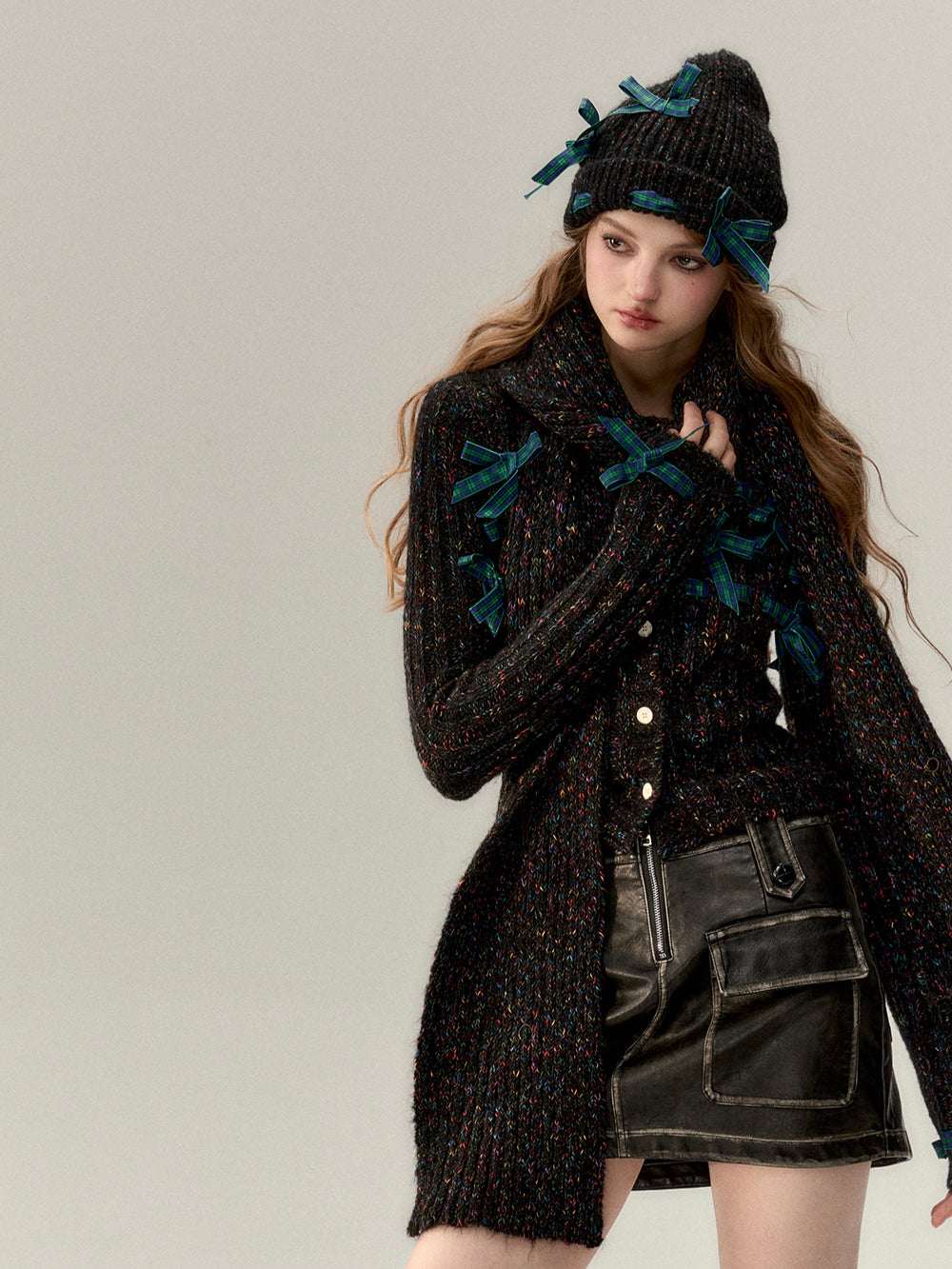 Bowknot Knit Cardigan & Hat & Scarf Set