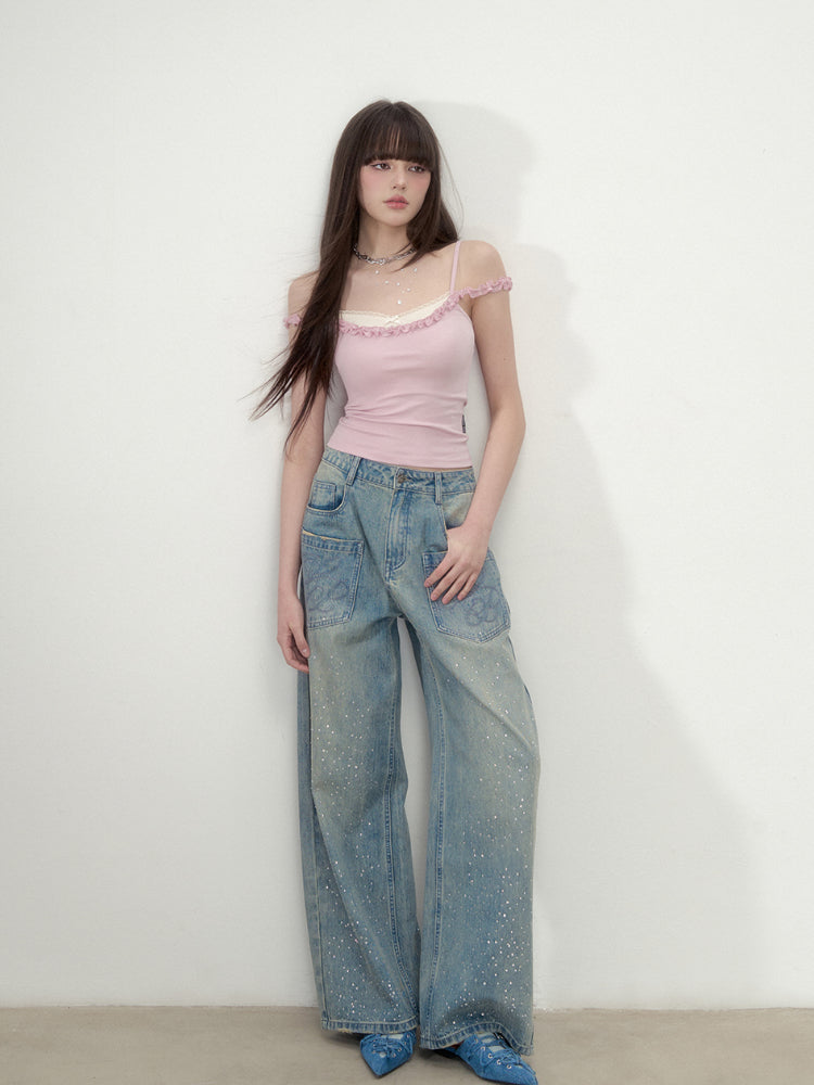 3D Rhinestone Wide-Leg Denim Pants