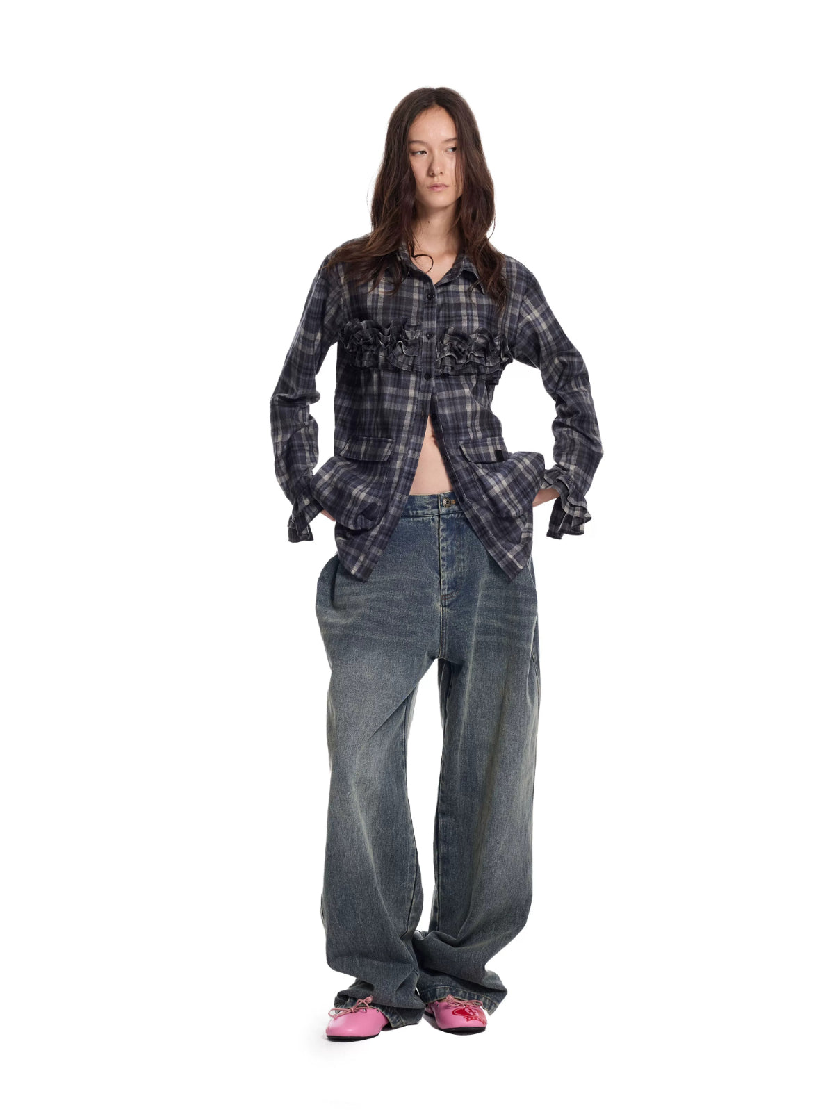 Brushed Plaid Ruffle Pocket Shirt