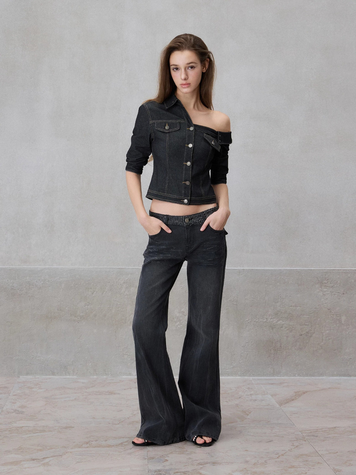 Asymmetric Denim Shirt Set