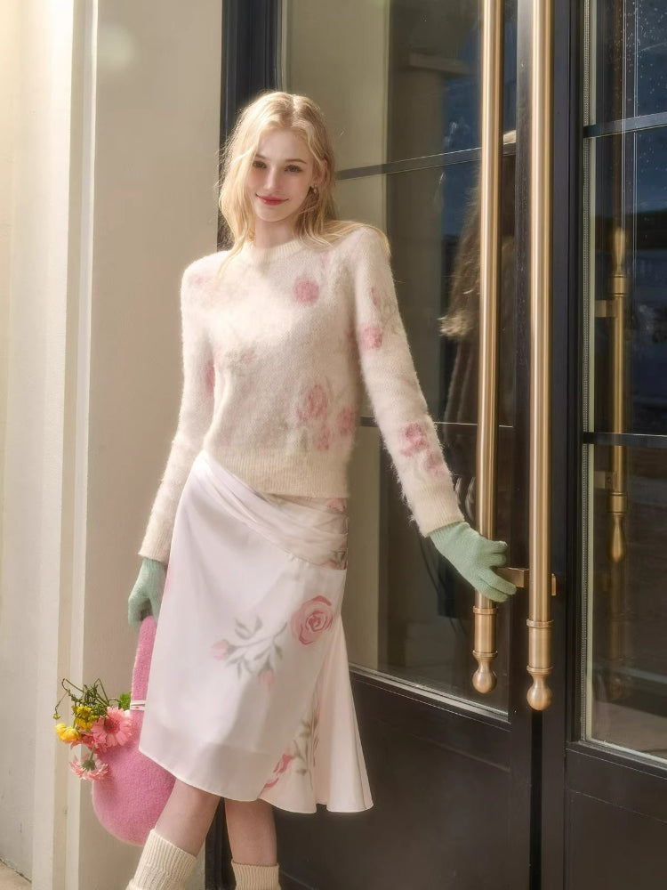 Pink Rose Embroidered Knit Set