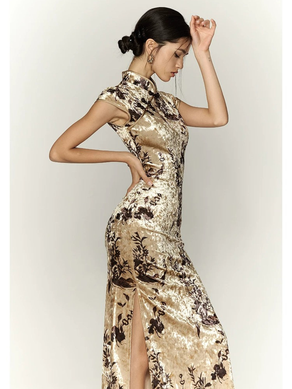 Khaki Velvet Printed Qipao Dress