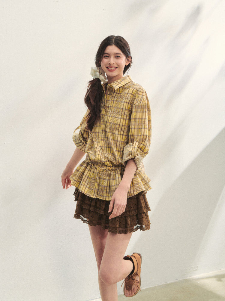 Ruffled Hem Waist-Cinching Checked Shirt