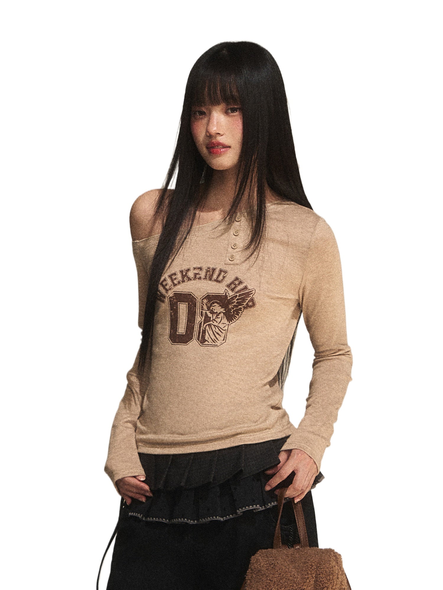 Oatmeal Angel Print Asymmetric Shoulder Top