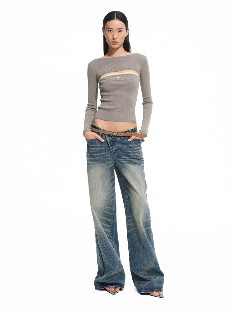 Wool Real Two-piece Layered Waist-cinching Top